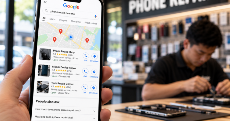 Phone repair shop in Google local search results